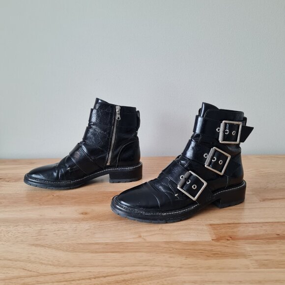 Rag & Bone Cannon Buckle Boots Black Moto Ankle Zip Up 38.5 Patent Leather - Picture 4 of 8